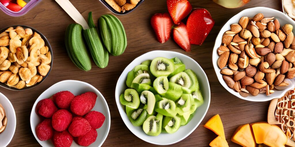 Assortment of delicious and nutritious low-GI snacks, including chickpea hummus, Greek yogurt with berries, almond and walnut mix, avocado toast, and carrot sticks with hummus.