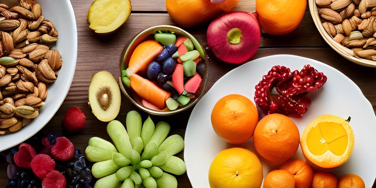 A vibrant assortment of wholesome snacks, featuring fresh fruits, crisp vegetables, and nutritious nuts, artfully arranged on a kitchen table.