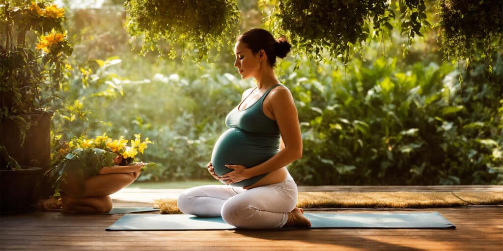 Expecting 42-year-old woman practicing prenatal yoga in a serene living room, embodying calm and focus, highlighting stress-relief techniques for a healthy pregnancy.
