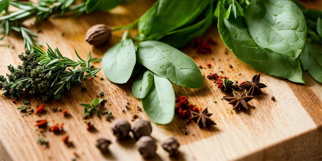 A selection of fresh herbs and spices arranged on a wooden cutting board in a cozy living room setting, showcasing natural ingredients for healthy cooking.