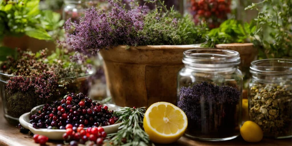 Assorted herbs and plants spread out on a kitchen table, showcasing a range of natural ingredients used in herbal remedies.