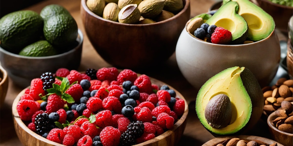 Nutrient comparison table featuring foods commonly consumed during intermittent fasting, including nuts, berries, and avocados, on a living room table.