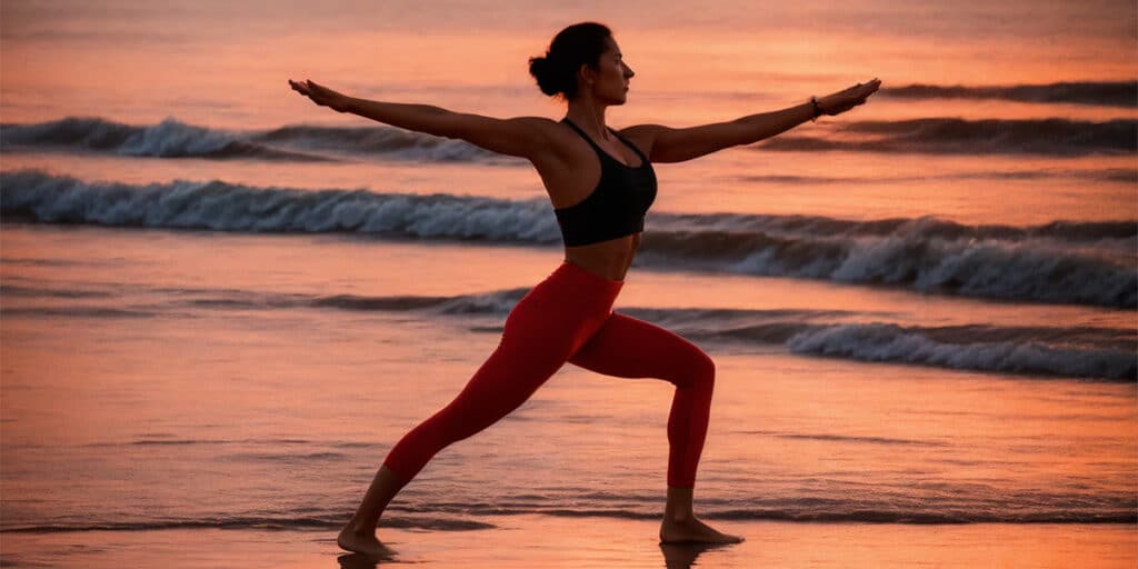A serene image of a person performing yoga on a beach at sunset, with the setting sun casting a warm glow behind them.