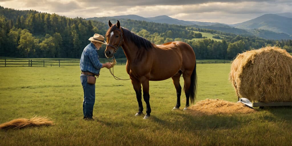 A senior individual feeding a horse in a picturesque field with a mountainous backdrop.
