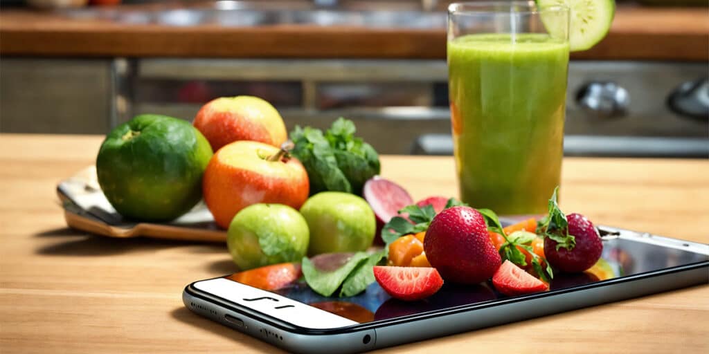 A close-up view of a smartphone displaying a nutrition app, flanked by a plate filled with healthy food options