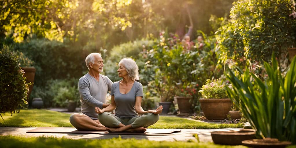 A couple practicing partner yoga, supporting each other in a balanced pose in the serene setting of their back garden.