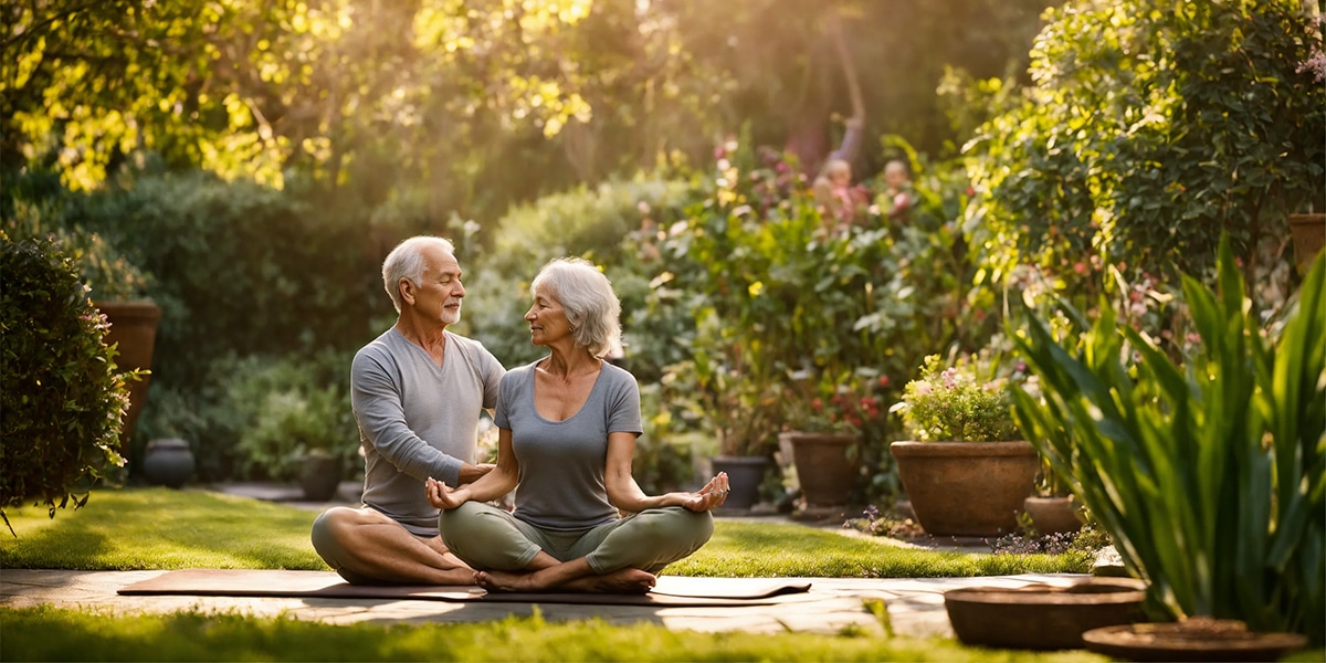 A couple practicing partner yoga, supporting each other in a balanced pose in the serene setting of their back garden.