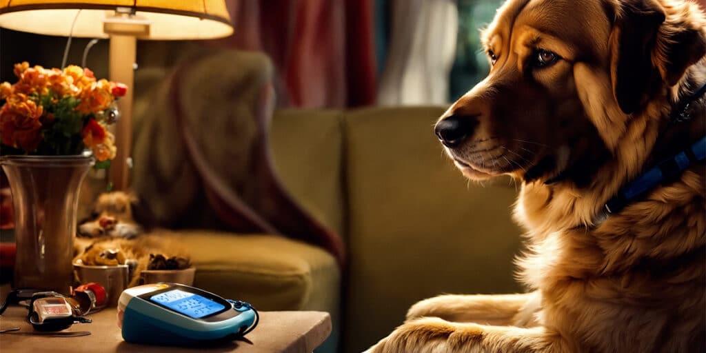 A loyal service dog sitting attentively beside its owner in a cozy living room, symbolizing companionship and support in diabetes management.