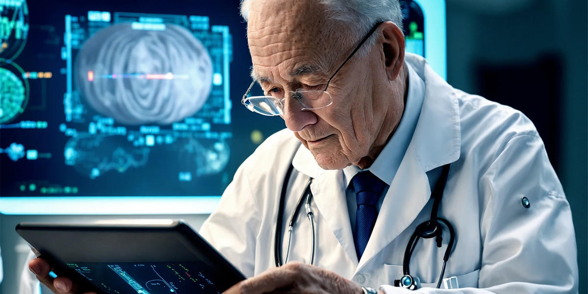 A doctor attentively analyzing data from smart clothing sensors on a patient, showcasing the integration of innovative wearable technology in healthcare monitoring.