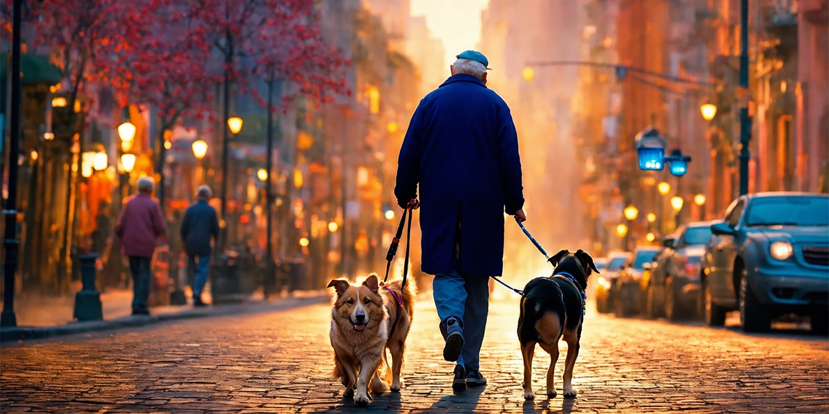 A dog assisting its owner with diabetes, walking together on the street.