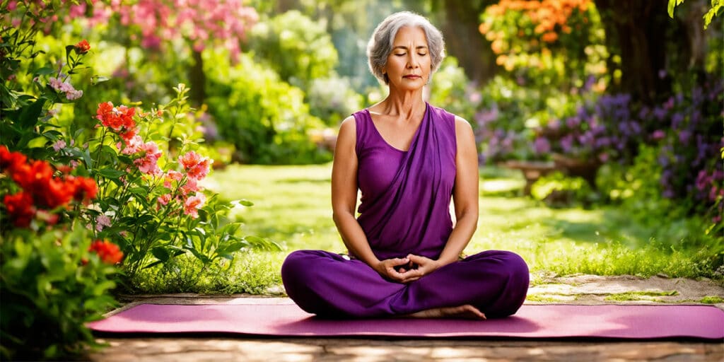 Serene woman practicing fasting and meditation in a tranquil garden environment.
