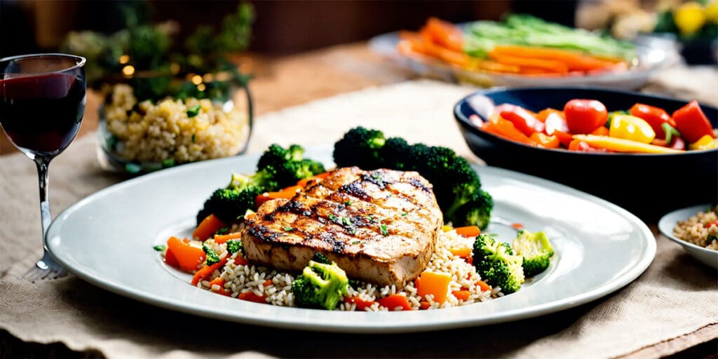 A well-portioned, healthy and balanced meal featuring a variety of colorful vegetables, lean protein, and whole grains on a plate.