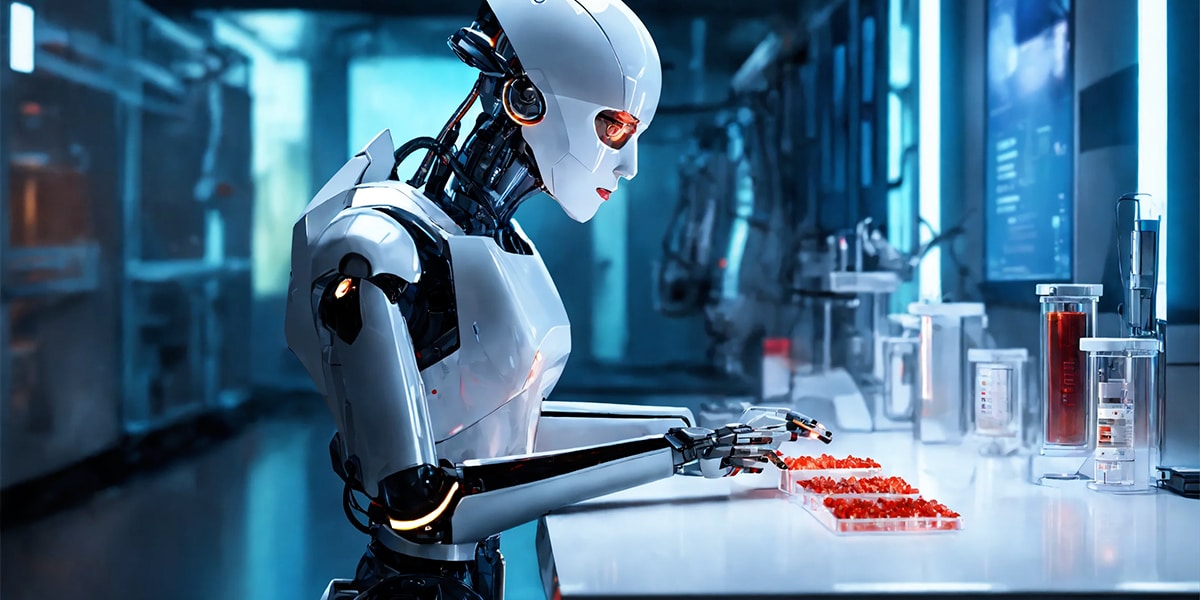 A humanoid robot experiencing a blood sugar test with a prick on its finger, symbolizing the fusion of AI and diabetes care, with a digital glucose monitor in the background.