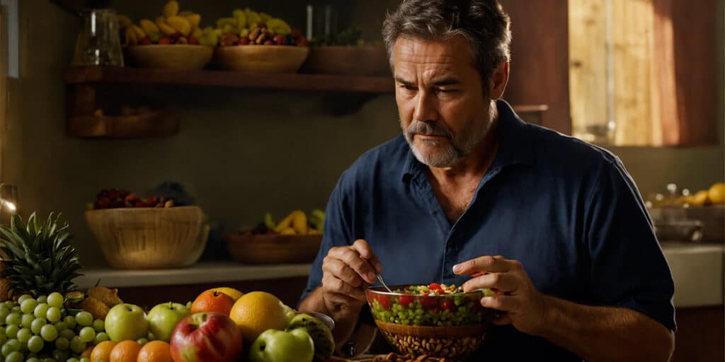 A man contemplating a bowl brimming with healthy snack choices, featuring a colorful mix of fruits, vegetables, and nuts, highlighting nutritious eating.