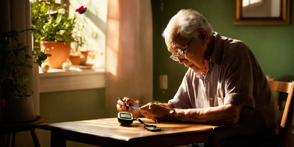 An individual monitoring their blood glucose levels with a glucose meter during a fasting period for diabetes management.