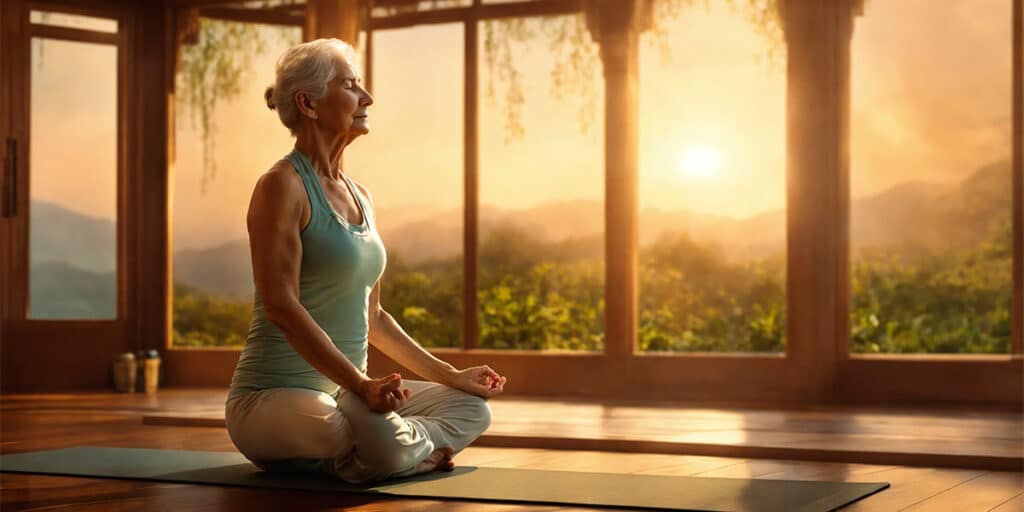 A serene individual practicing Yin yoga, holding a pose with a calm and peaceful expression, embodying tranquility.