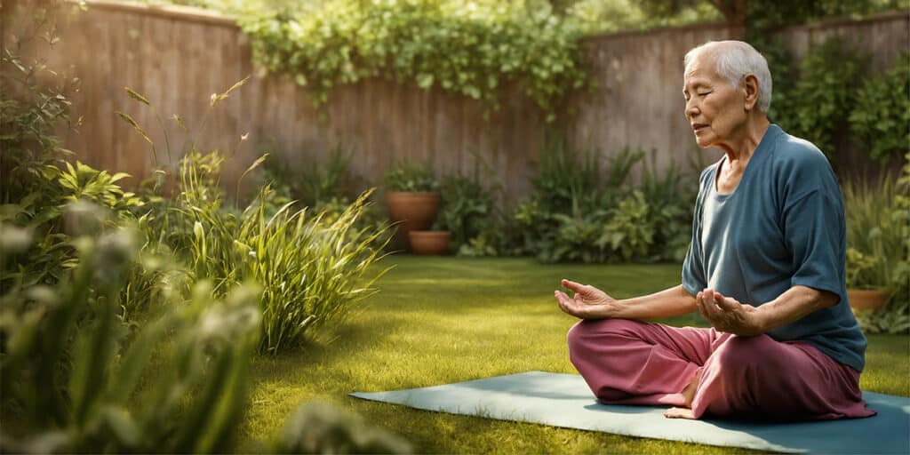 A person peacefully practicing a personalized yoga routine in the serene setting of their back garden.