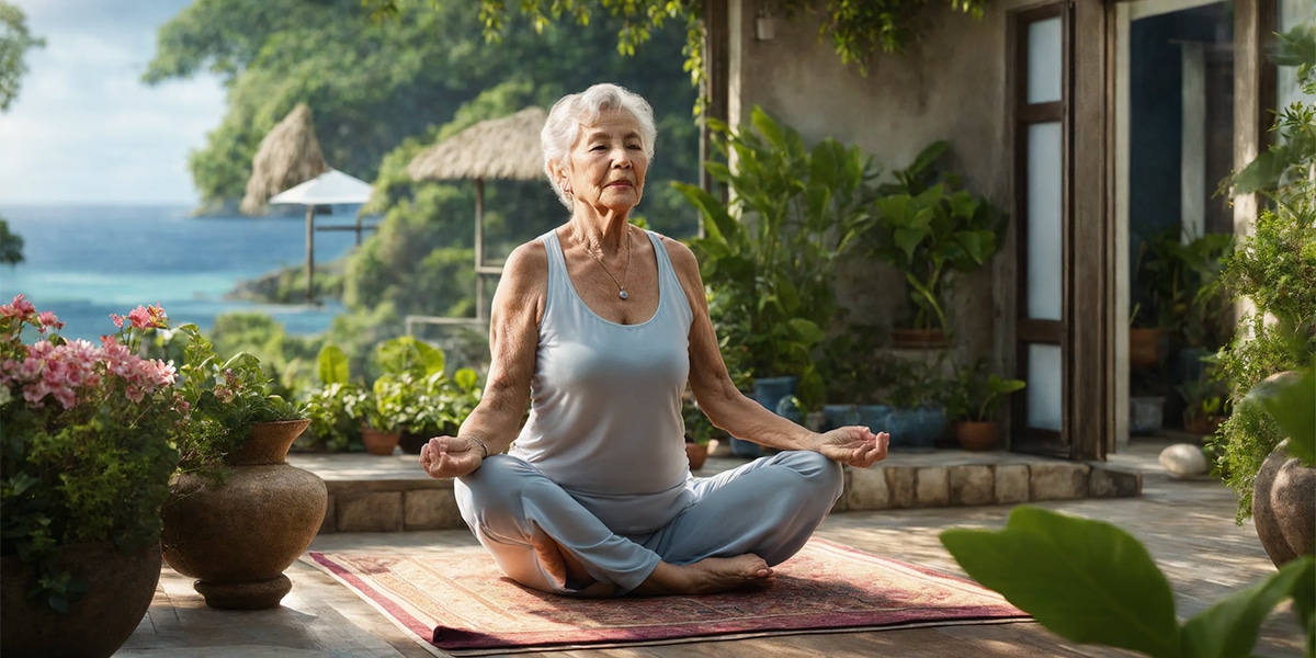 A person practicing yoga poses serenely on a retreat, with the tranquil ocean extending into the horizon in the background.