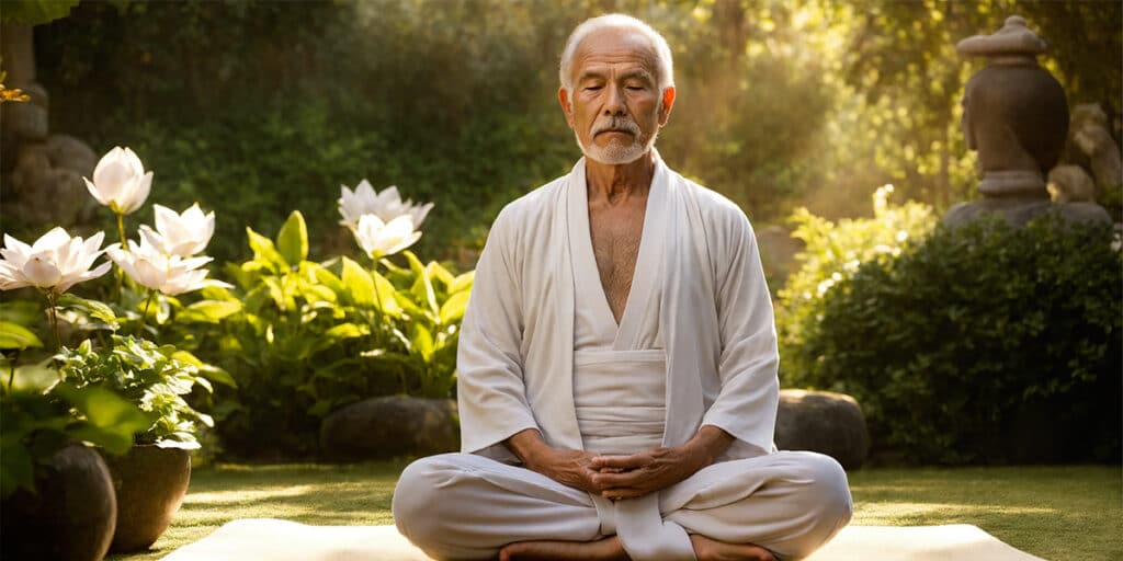 A person practicing zen yoga poses tranquilly in their lush back garden, surrounded by nature.