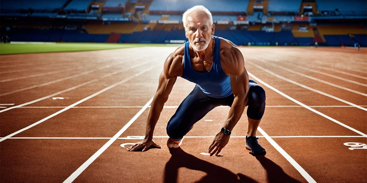 A person in a yoga pose preparing for a sprint at an athletic stadium, blending mindfulness with athleticism.