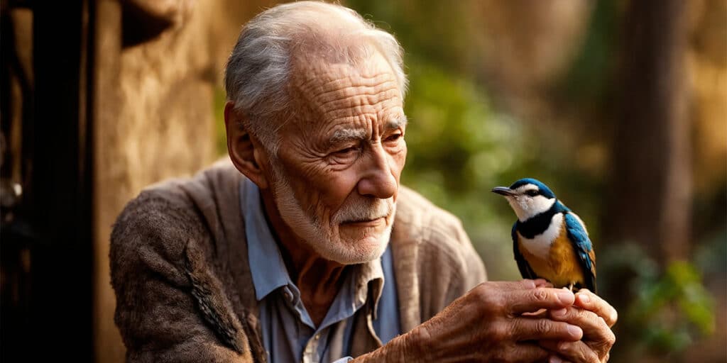 A person with diabetes smiling gently as they hold a small bird perched on their finger, symbolizing companionship and care.