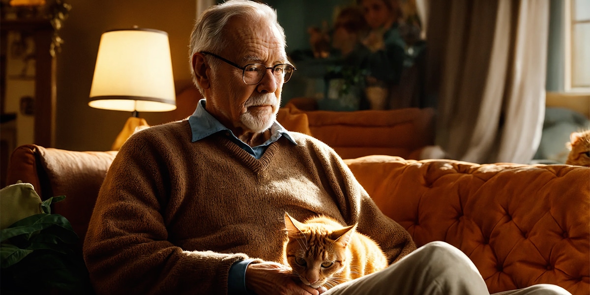 A person cradling a cat in their arms in a cozy living room, sharing a moment of companionship.