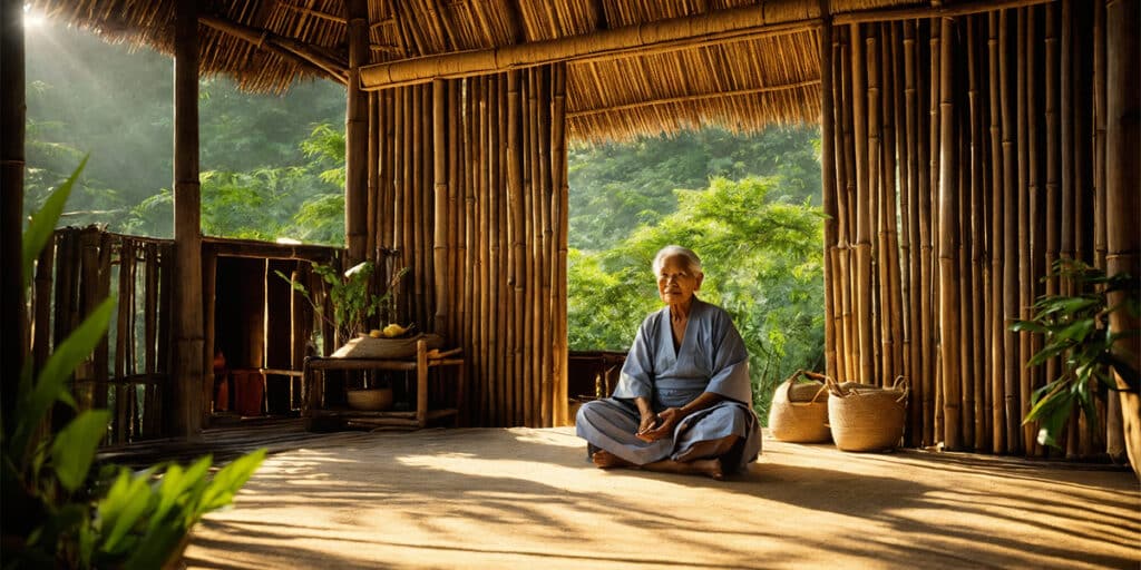 A person sitting peacefully in a serene bamboo hut at a mindfulness retreat, surrounded by lush greenery.