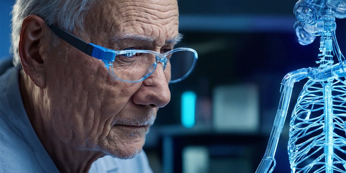 A person intently examining an insulin delivery device, highlighting the integration of advanced technology in diabetes management.