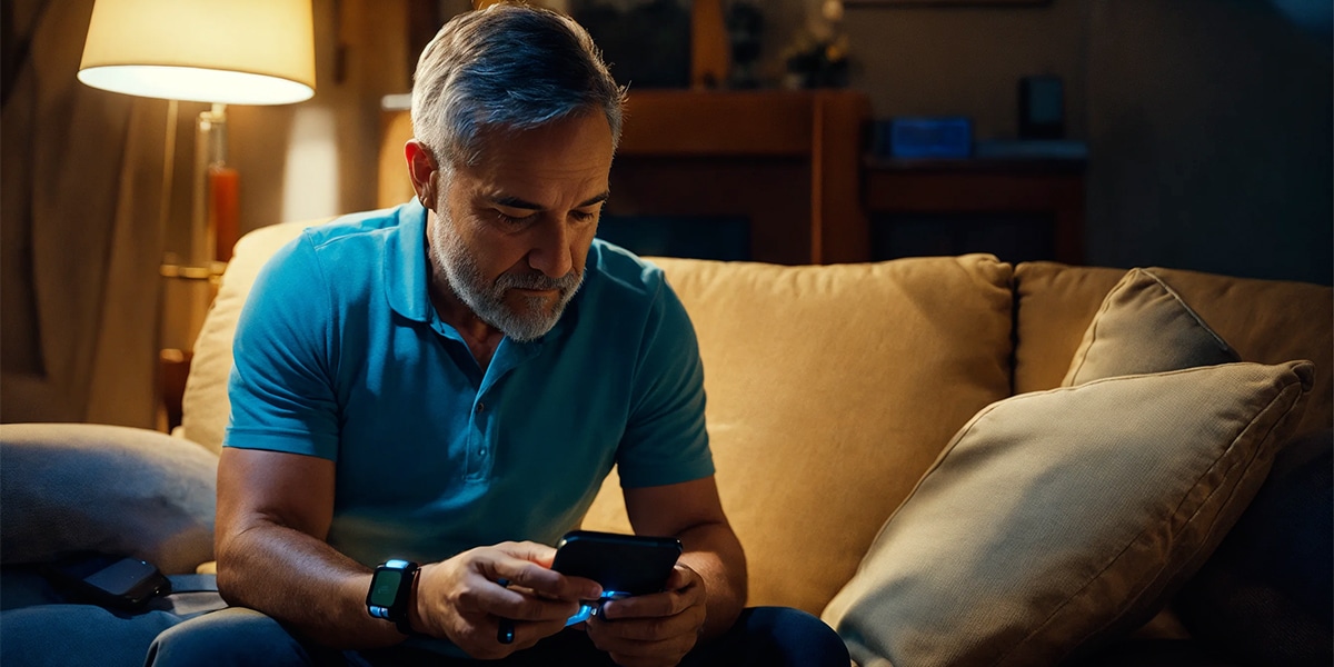 A person engrossed in playing a health-related game on their smartphone, with a blood sugar monitoring device visibly worn on their wrist.