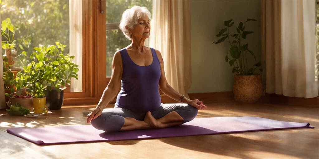 A woman practicing Hatha Yoga poses in a serene setting to manage her blood sugar levels, embodying calm and focus.