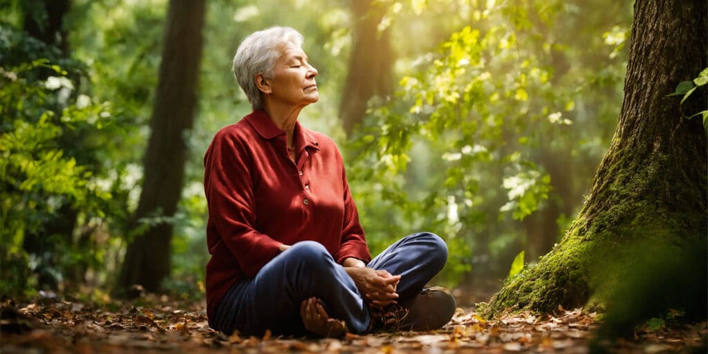 Woman practicing mindful deep breathing with eyes closed in a peaceful setting.