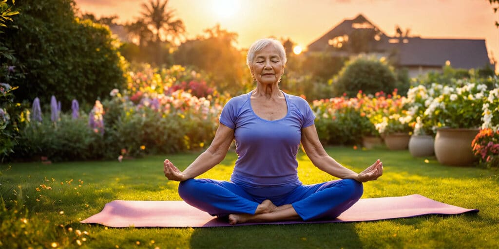 A person engaging in a mindful yoga pose on a lush garden lawn, with the serene glow of sunset illuminating the tranquil scene.