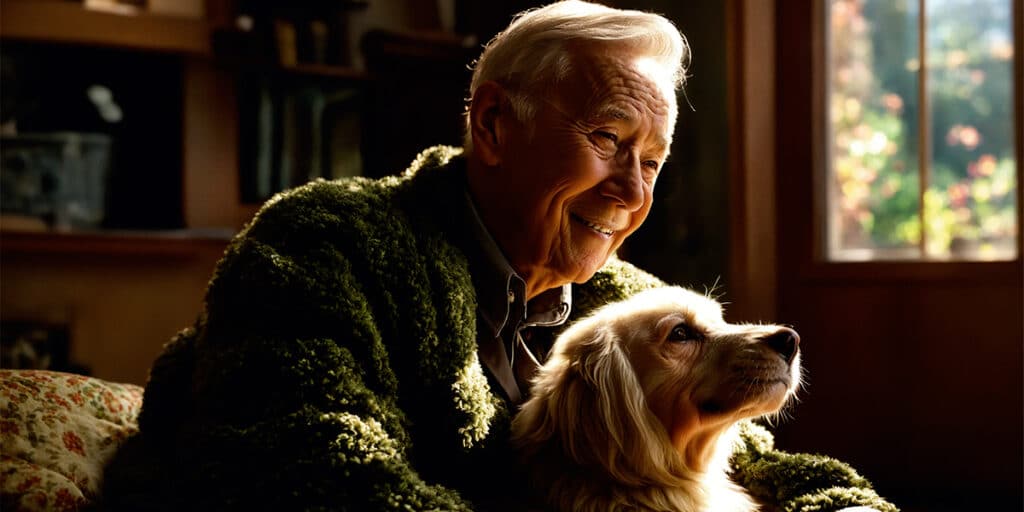 A happy individual with diabetes relaxing alongside their cheerful pet dog, both exuding a sense of peace and contentment.