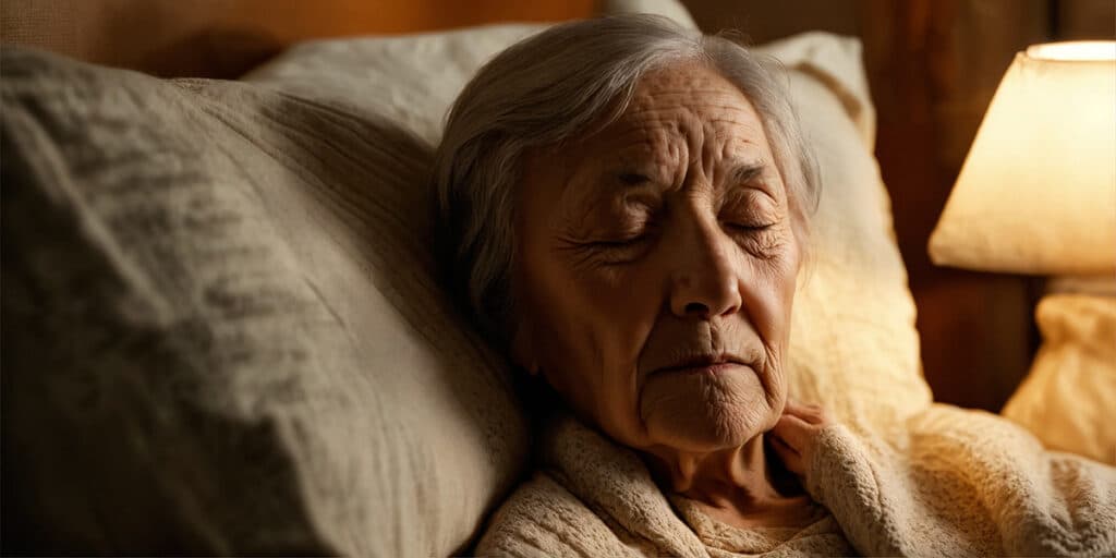 A person resting serenely in a cozy bed, enveloped by a soft blanket and surrounded by fluffy pillows, symbolizing tranquil sleep.