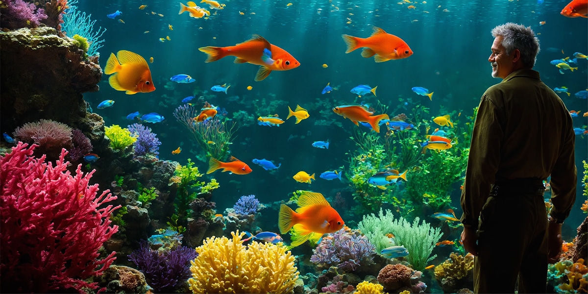 A person marveling at a large, vibrant aquarium teeming with a variety of colorful fish, embodying tranquility and fascination.