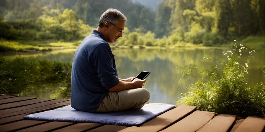 A person meditating peacefully with a smartphone in hand, displaying a mobile app for meditation and diabetes management.