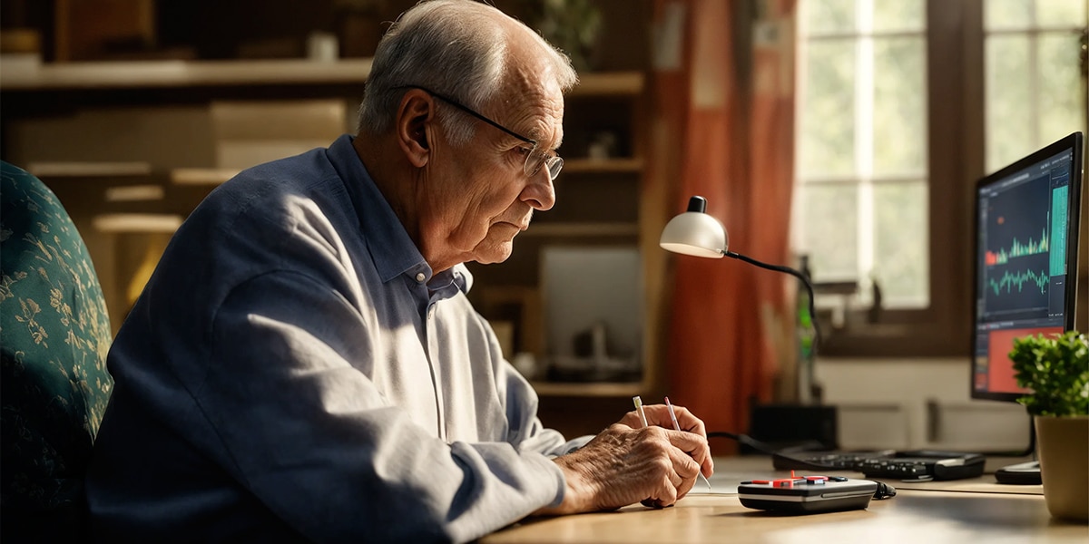 A person engaging with advanced technology for remote blood sugar monitoring, showcasing a seamless blend of health management and digital innovation.