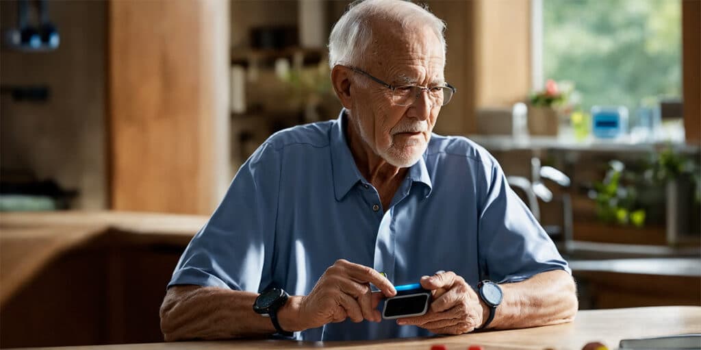 A person checking a diabetes monitoring app on their fitness tracker, which is securely fastened around their wrist, showcasing the integration of health technology and personal wellness management.