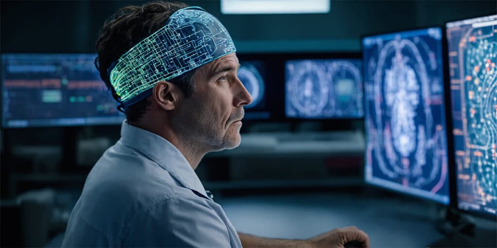 A person wearing a biofeedback headband with electrodes, intently observing a computer screen that visually represents their brain wave activity.