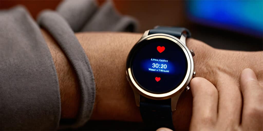 A person wearing a smartwatch displaying the heart rate monitor feature, highlighting the integration of health tracking technology into daily life.