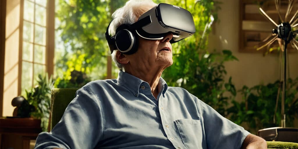 A person sitting tranquilly in a nature-themed room, wearing a VR headset, immersed in a virtual environment for therapeutic purposes.
