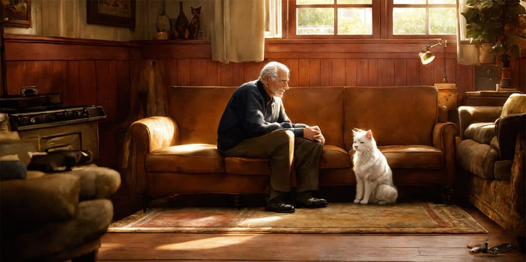 Image of a person sitting in the living room with a tabby cat, symbolizing the comforting companionship and joy of pet ownership in the context of diabetes management.