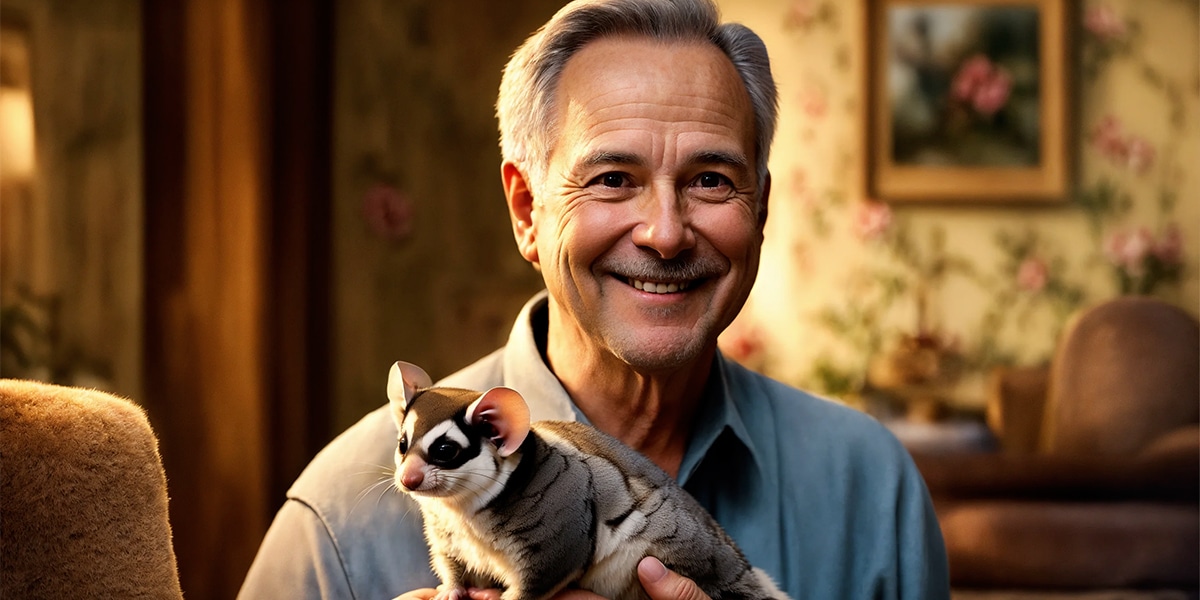 Person enjoying the companionship of a sugar glider perched on their shoulder.