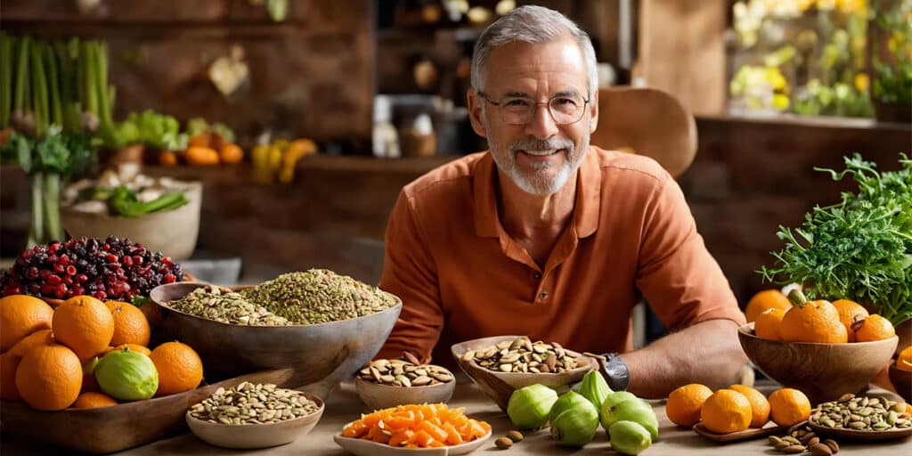 A sitting at a table with power-packed nutrient-rich snacks that boost Type 2 diabetes wellness.
