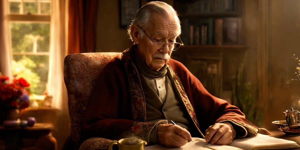 A person peacefully journaling with a pen, a warm cup of tea beside them, in a cozy living room setting.