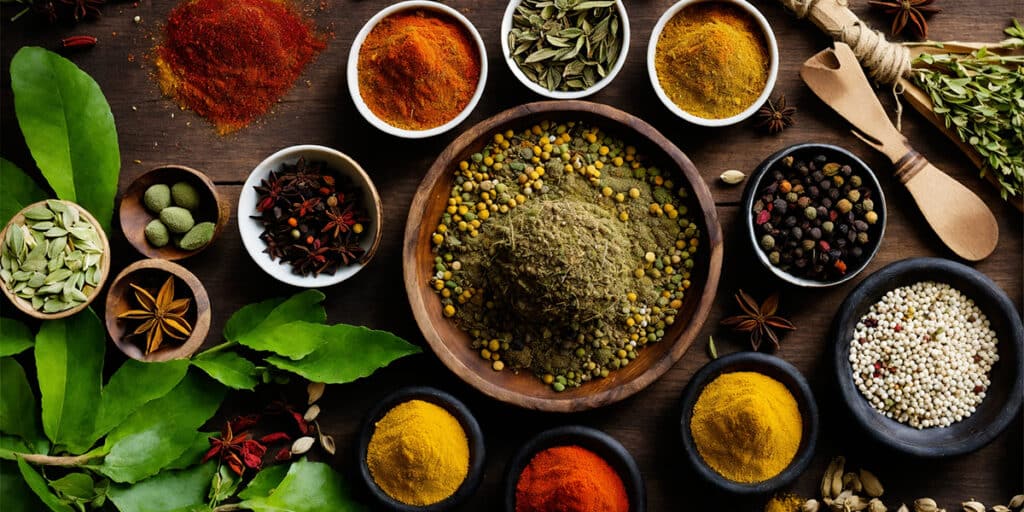 A collection of diverse Ayurvedic herbs and spices arranged on a rustic wooden table, showcasing natural diabetes management options.