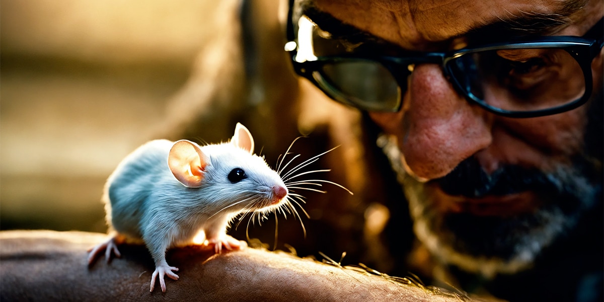 A close-up view of a gentle white mouse perched on the arm of a person, symbolizing companionship and trust.