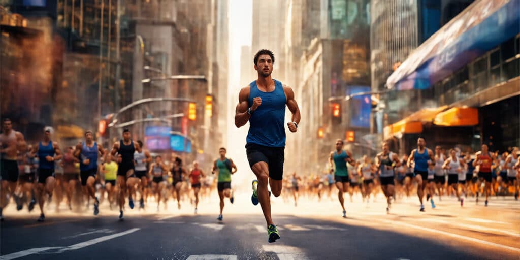 An athlete running with determination, showcasing a fitness tracker on their wrist, highlighting the integration of technology in sports performance.