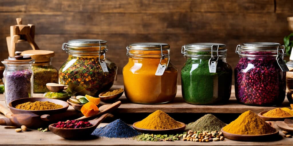 A variety of Ayurvedic Superfood Blends for diabetes wellness spread across a spacious kitchen table, showcasing natural health solutions.