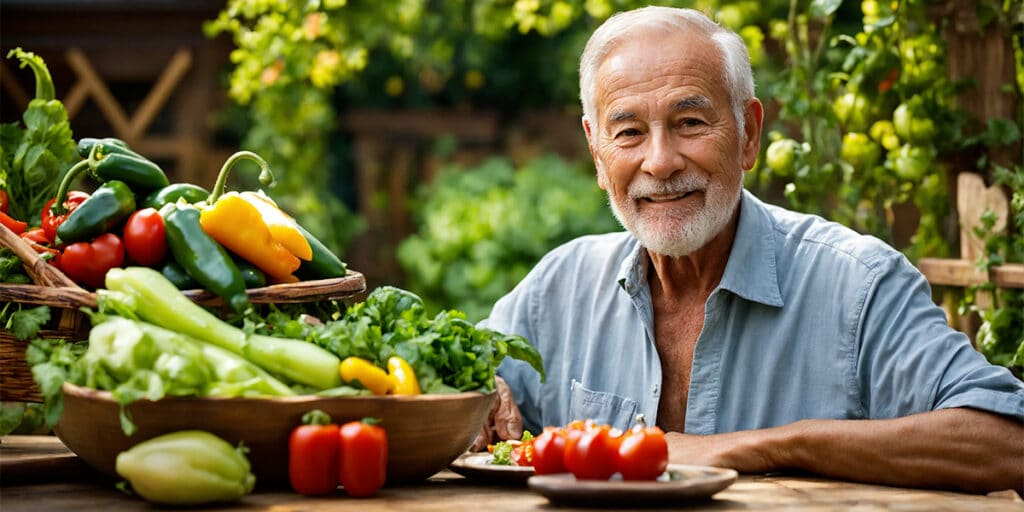 A 70-year-old individual enjoying a healthy and balanced meal, featuring fresh vegetables and protein, at a garden table surrounded by lush greenery.